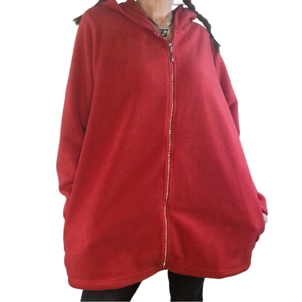 Quacker Factory Fleece Hoodie Women’s 1X Red Jeweled Rhinestone Zipper Cozy - Picture 2 of 13